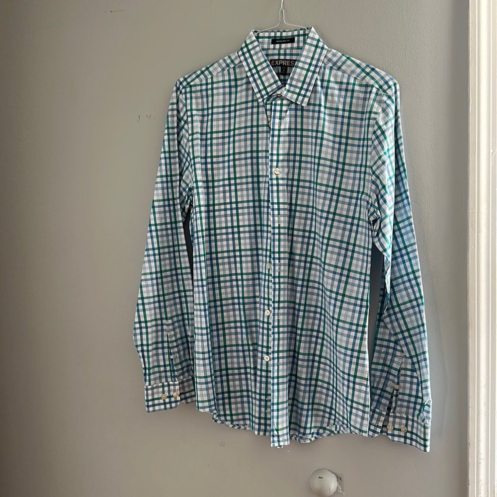 Express Men’s button up plaid white shirt with blue and green stripes. large